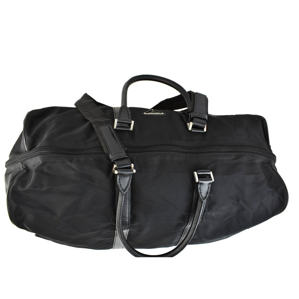 PRADA: Black, Tessuto Nylon & Saffiano Leather Duffel/Weekender Bag (su) - Picture 9 of 12